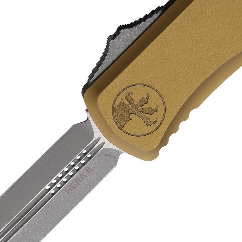 Microtech Hera II Auto OTF Double Edge Apocalyptic Tan Knife With Glass Breaker M390 Blade 5.5 Inch Closed EDC Tactical by Microtech