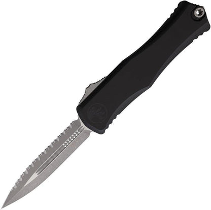 Microtech Hera II Auto OTF Knife With Apocalyptic Finish Serrated Blade Black Aluminum Handle Glass Breaker EDC