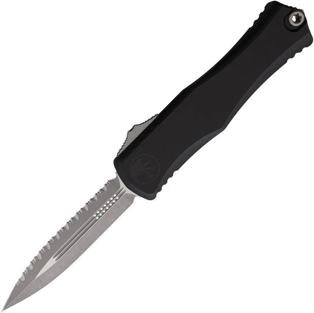 Microtech Hera II Auto OTF Knife With Apocalyptic Finish Serrated Blade Black Aluminum Handle Glass Breaker EDC