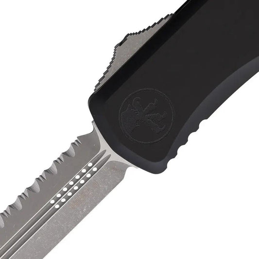 Microtech Hera II Auto OTF Knife With Apocalyptic Finish Serrated Blade Black Aluminum Handle Glass Breaker EDC by Microtech