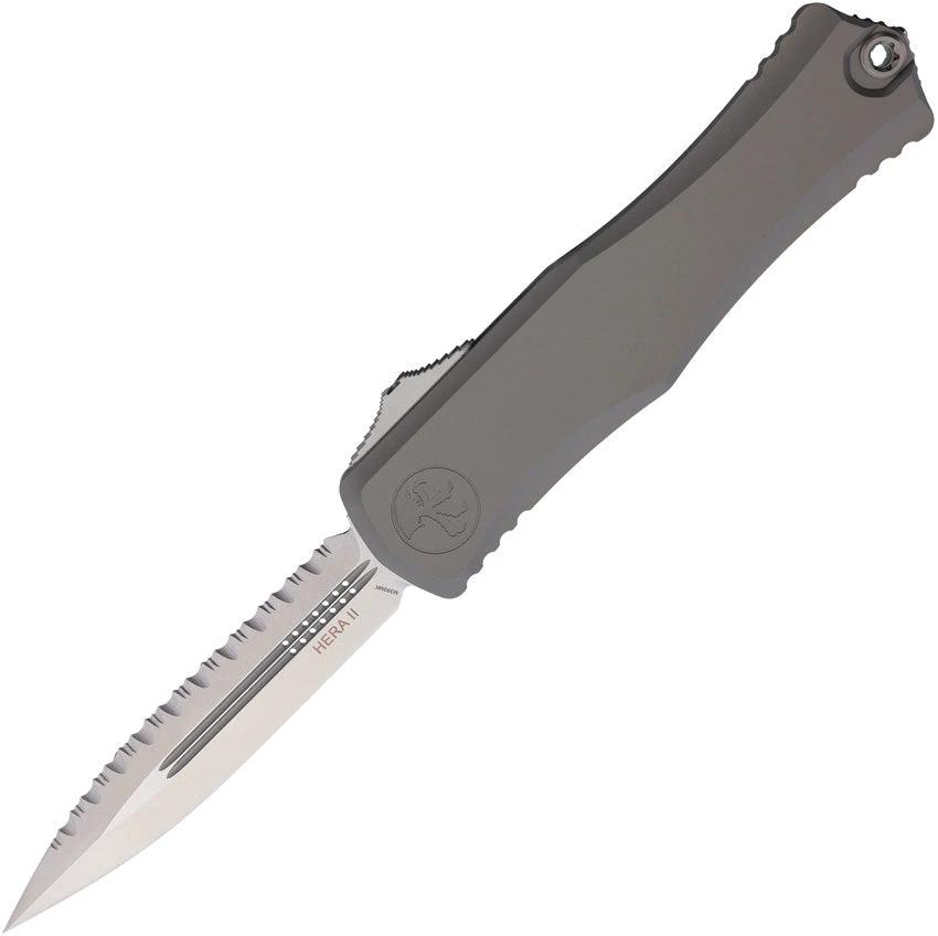 Microtech Hera II Auto OTF Knife Gray Aluminum Handle 5.5in Closed 4in Premium Serrated Blade For Tactical Enthusiasts by Microtech
