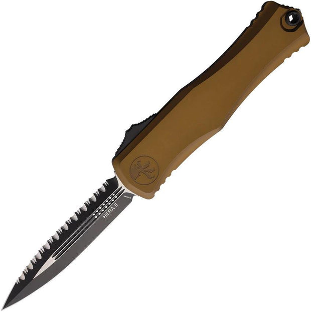Microtech Hera II Auto OTF Knife Tan Aluminum Handle Two Tone Premium Serrated Blade For EDC
