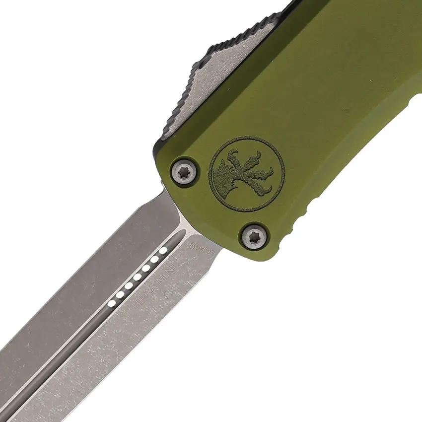 Microtech Hera II Auto OTF Mini Knife Apocalyptic Finish M390 Double Edge Blade Green Aluminum For EDC Enthusiasts by Microtech