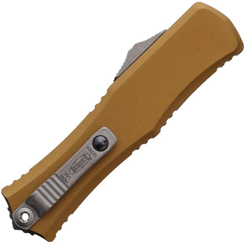 Microtech Hera II Mini DE OTF Knife Tan Aluminum Handle M390 Blade For Tactical EDC Enthusiasts Apocalyptic Finish by Microtech