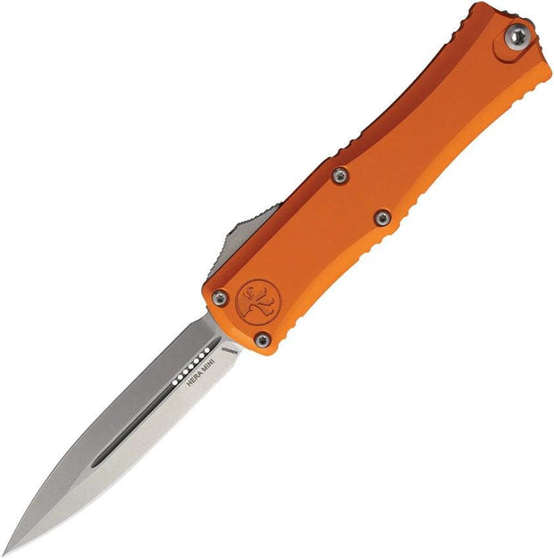 Microtech Hera II OTF Mini DE Auto Knife Orange Aluminum Handle 3 Inch Dagger M390 Blade Glass Breaker Clip for EDC