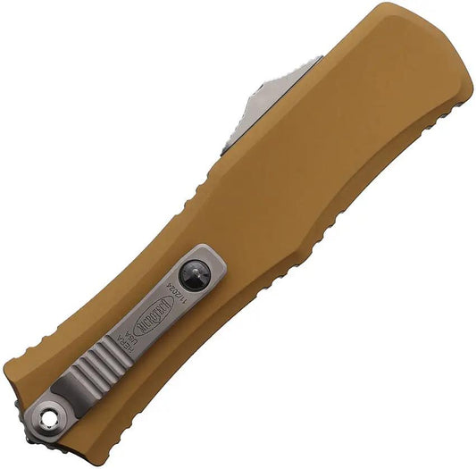 Microtech Hera II Mini D E OTF Knife Tan Aluminum Handle 4 Inch Closed 3 Inch M390 Stonewash Glass Breaker For EDC by Microtech