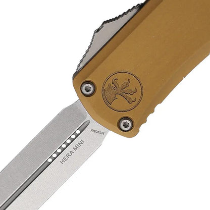 Microtech Hera II Mini D E OTF Knife Tan Aluminum Handle 4 Inch Closed 3 Inch M390 Stonewash Glass Breaker For EDC by Microtech