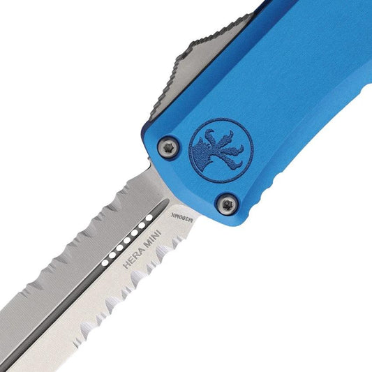 Microtech Hera II Mini Auto OTF Knife Blue Aluminum Handle 3in Stonewash Dagger Blade Glass Breaker EDC by Microtech