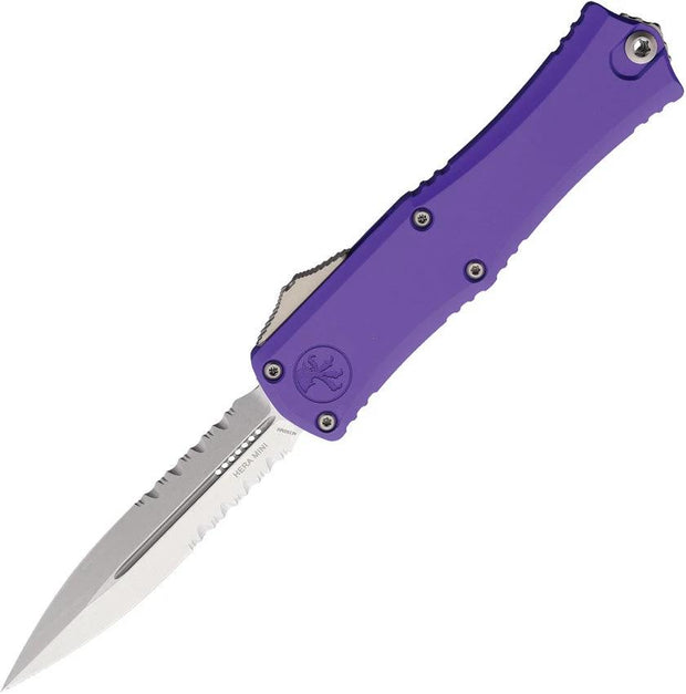 Microtech Hera II Auto OTF Dagger Knife Purple Aluminum Handle For EDC Enthusiasts Glass Breaker 4in Closed 3in Blade