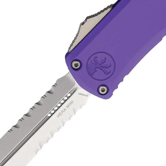 Microtech Hera II Auto OTF Dagger Knife Purple Aluminum Handle For EDC Enthusiasts Glass Breaker 4in Closed 3in Blade by Microtech
