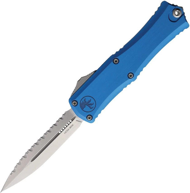 Microtech Hera II OTF Knife Auto Dual Edge Serrated Blade Blue Aluminum Handle Glass Breaker For Tactical Enthusiasts