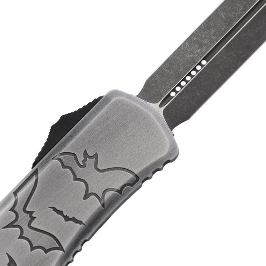 Microtech Hera II Mini Double Edge OTF Bat Knife Automatic Opening 1702M Apocalyptic Finish Glass Breaker Gray Aluminum by Microtech