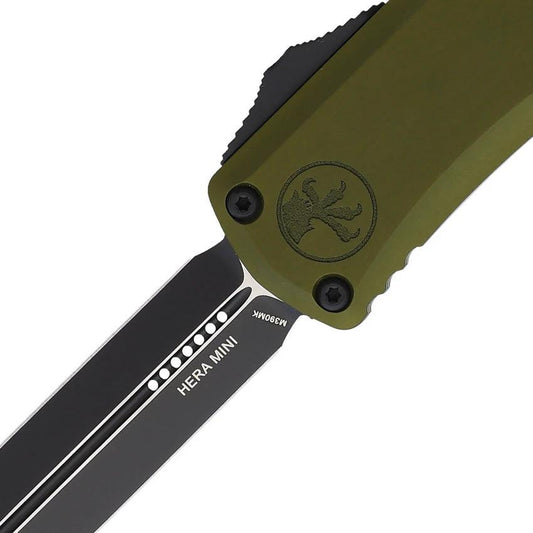 Microtech Hera II Mini OTF Knife Auto With Two Tone Bohler M390MK Blade OD Green Aluminum Handle For EDC Enthusiasts by Microtech