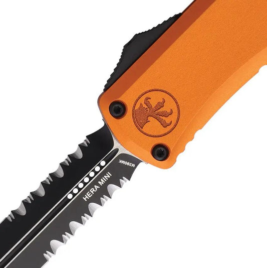 Microtech Hera II Auto OTF Knife with Orange Aluminum Handle Partially Serrated Blade Glass Breaker for EDC Enthusiasts by Microtech