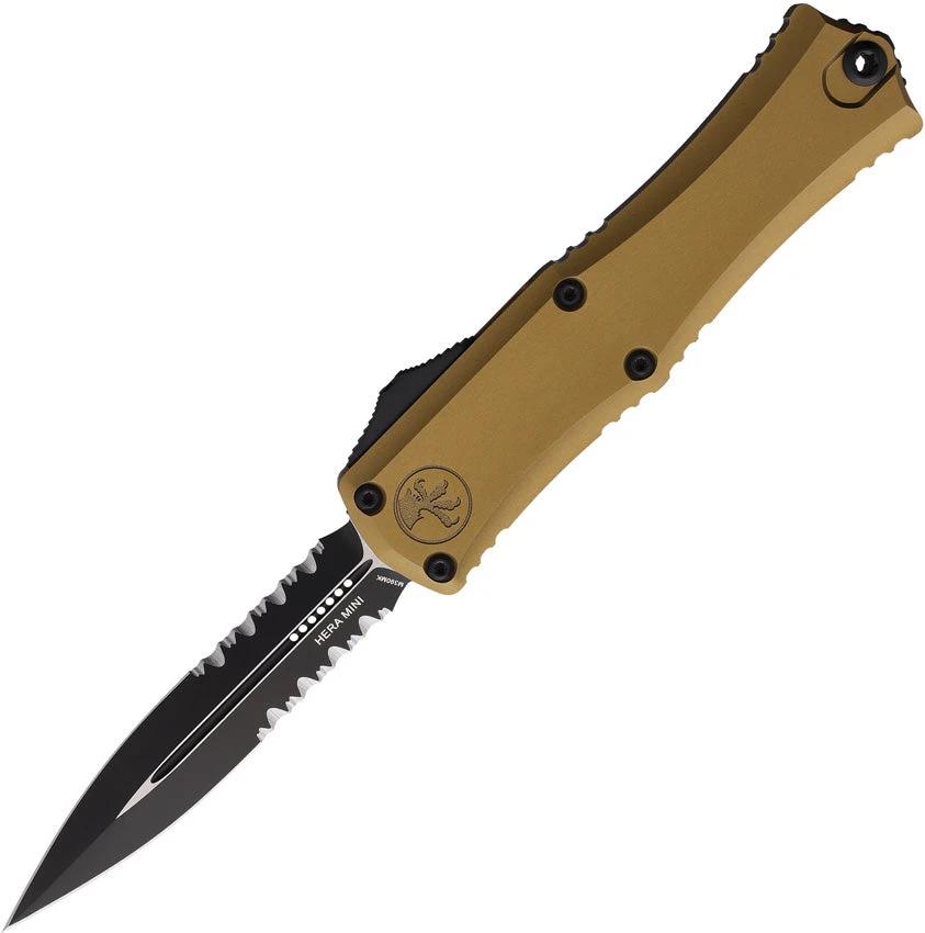 Microtech Auto Hera II OTF Knife With M390 Dagger Blade Two Tone Finish Automatic EDC Tool Tan Aluminum Handle by Microtech