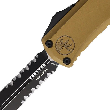 Microtech Auto Hera II OTF Knife With M390 Dagger Blade Two Tone Finish Automatic EDC Tool Tan Aluminum Handle by Microtech