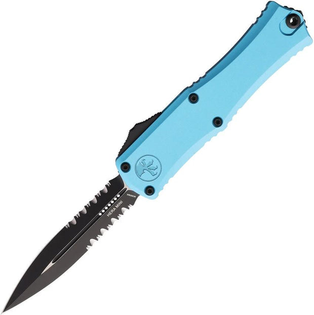 Microtech Hera II OTF Mini Auto Knife Turquoise Aluminum Handle Partially Serrated Three Inch Dagger Blade For EDC Fans by Microtech