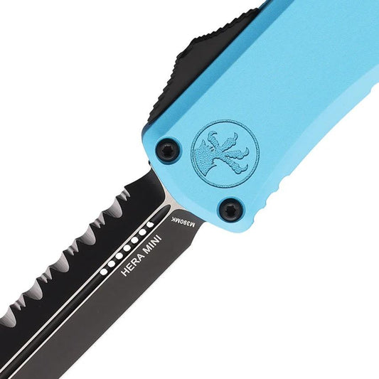 Microtech Auto Hera II Mini OTF Knife 3 Inch Serrated Dagger Blade Turquoise Aluminum Handle For Tactical Enthusiasts by Microtech