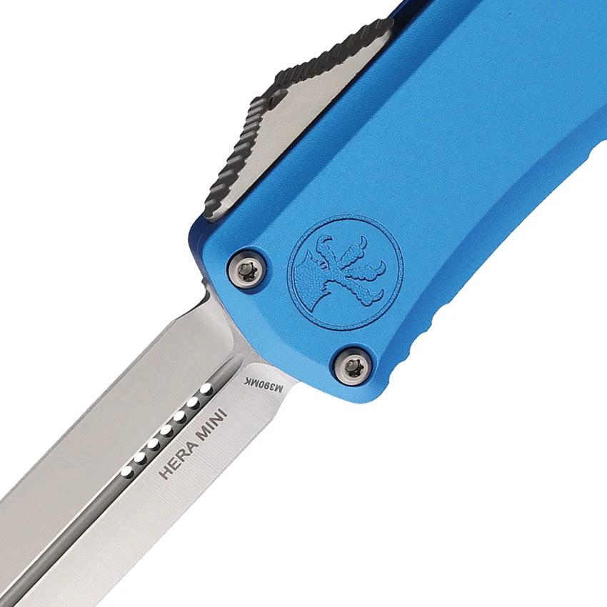 Microtech Hera II Auto OTF Knife 3In Double Edge M390 Dagger Blade Blue Aluminum Handle For EDC Enthusiasts by Microtech
