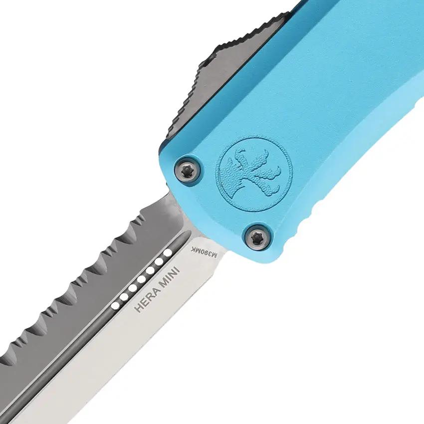 Microtech Hera II Auto OTF Knife For EDC Turquoise Aluminum Handle 3 Inch Satin Serrated Double Edge Blade Glass Breaker by Microtech