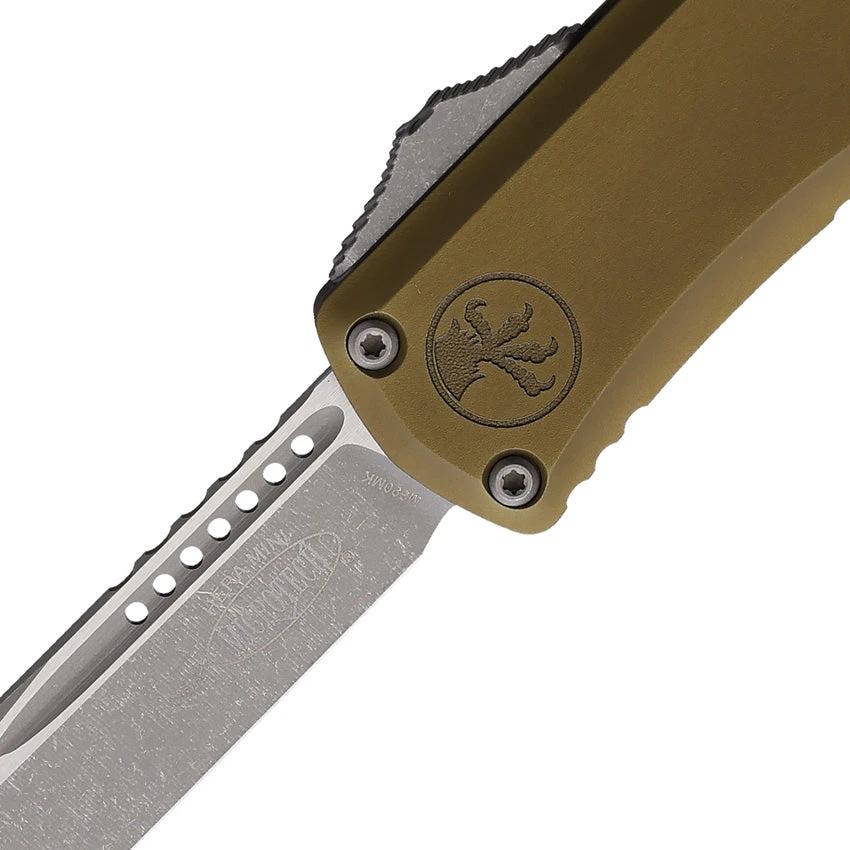 Microtech Hera II Mini OTF Automatic Knife With Apocalyptic Finish M390 Blade 3 Inch OD Green Aluminum Handle For EDC by Microtech