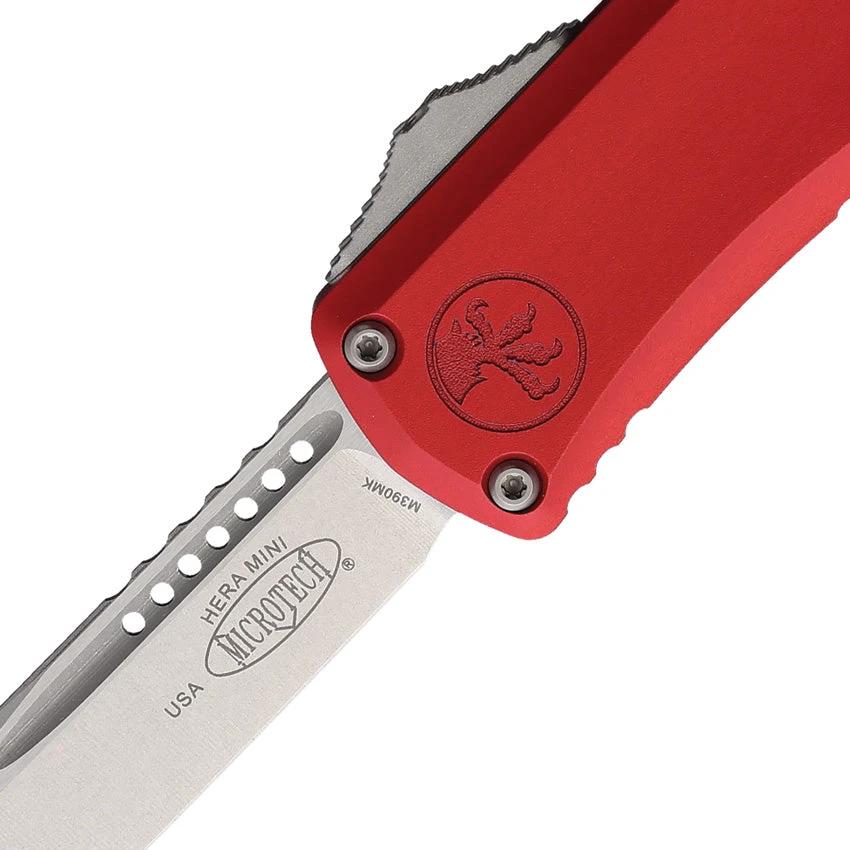 Microtech Auto Hera II Mini OTF Red Aluminum Handle Glass Breaker 3In Stonewashed M390 Blade EDC by Microtech