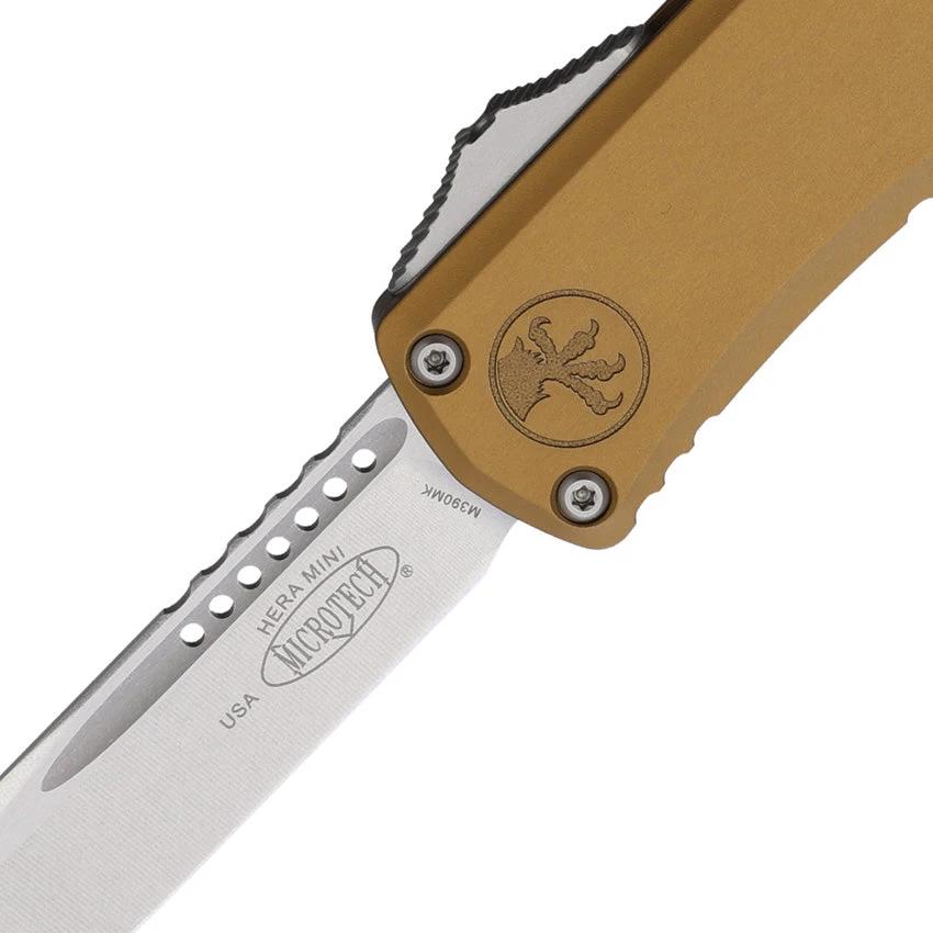 Microtech Hera II Mini OTF Auto Knife 3 Inch Tan Aluminum Handle with Pocket Clip Glass Breaker for EDC Enthusiasts by Microtech