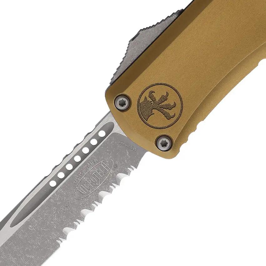 Microtech Hera II Mini OTF Knife Auto Opening 3-In Blade Apocalyptic Finish Bohler M390 Tan Handle For Tactical EDC by Microtech