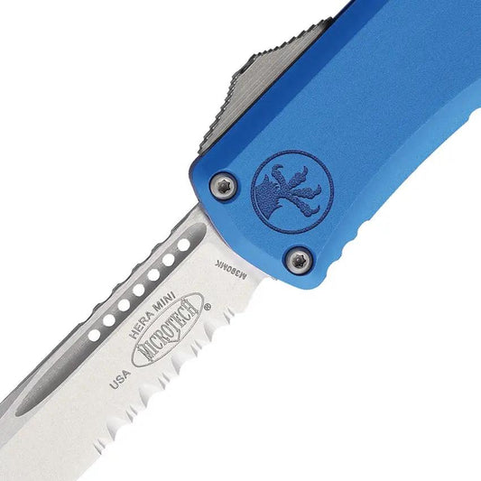 Microtech Hera II Mini OTF Auto Knife With Stonewash M390 Blade Blue Aluminum Handle For Everyday Carry by Microtech