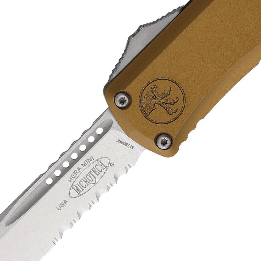 Microtech Auto Hera II Mini OTF Knife With 3 Inch M390MK Blade Tan Aluminum Handle Glass Breaker EDC Ready by Microtech