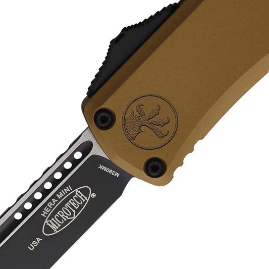 Microtech Auto Hera II Mini OTF Knife Premium Tan Aluminum Handle 3 Inch Bohler M390MK Two Tone Glass Breaker EDC by Microtech