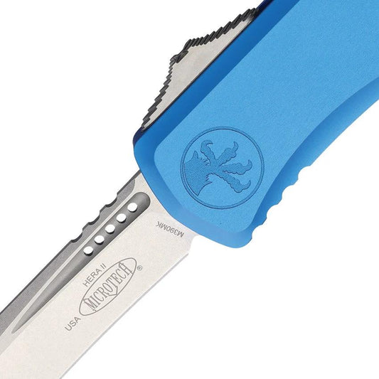 Microtech Hera II Auto OTF Knife Blue Aluminum Recurve 4Inch Blade For EDC Enthusiasts Glass Breaker Pocket Clip by Microtech