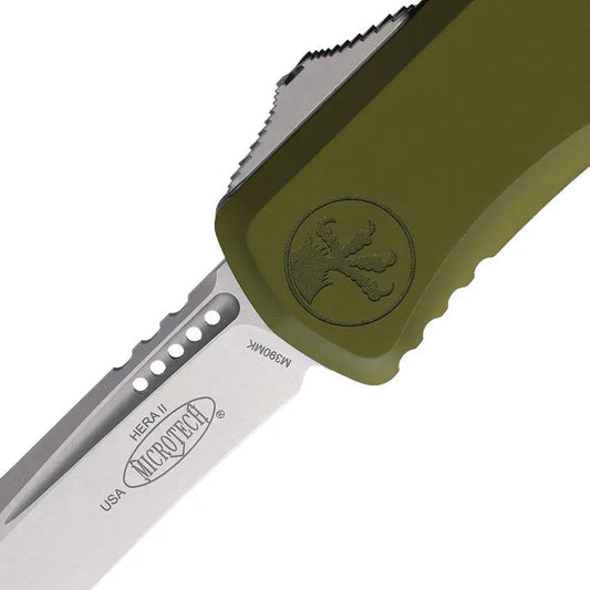 Microtech Auto Hera II OTF Knife Recurve Blade M390 Steel OD Green Aluminum Handle EDC Ready by Microtech