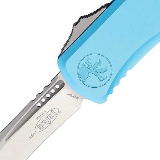 Microtech Auto Hera II OTF Recurve Knife Turquoise Aluminum Handle 4 Inch Stonewash Blade EDC Tactical For Collectors by Microtech
