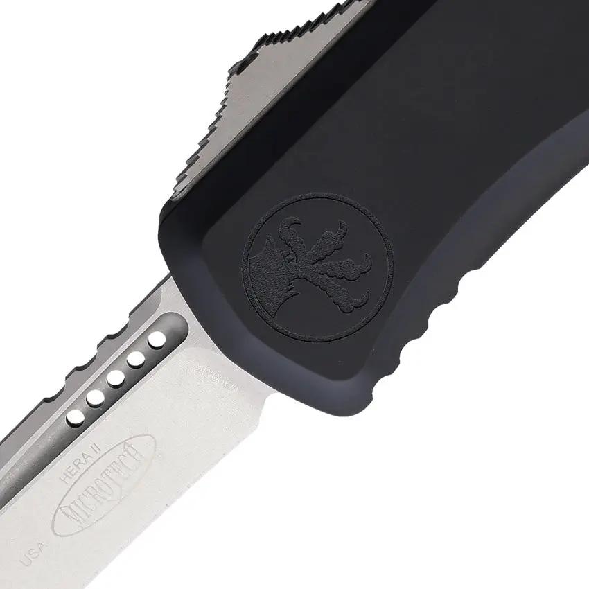 Microtech Hera II OTF Knife Auto Opening Recurve Blade 4 Inch Glass Breaker Black Aluminum Handle For EDC Enthusiasts by Microtech