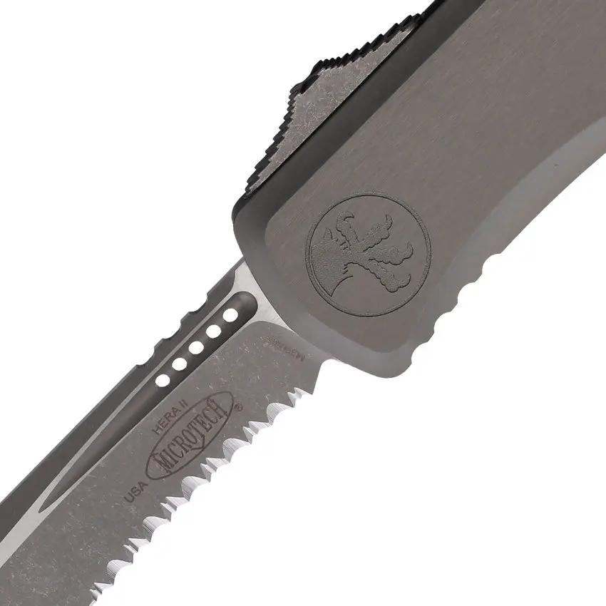 Microtech Hera II Auto OTF Knife With Recurve Blade Apocalyptic Finish Partially Serrated Gray Aluminum Handle EDC by Microtech