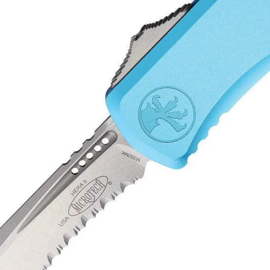 Microtech Hera II Auto OTF Knife Recurve Blade Stonewashed Finish Turquoise Aluminum Handle For EDC by Microtech