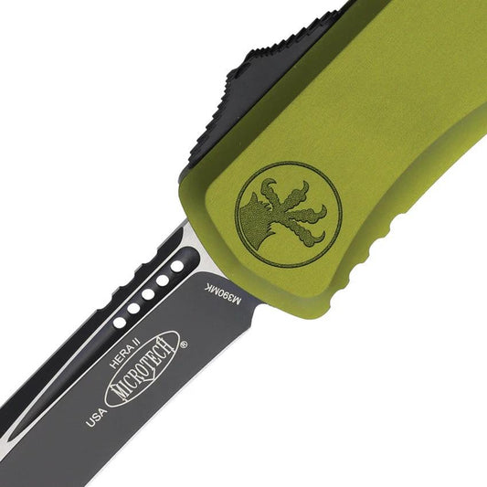 Microtech Hera II Auto OTF Knife With Recurve Bohler M390MK Blade 5.5 Inch Closed OD Green Aluminum For Collectors by Microtech