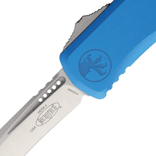 Microtech Hera II OTF Auto Knife Recurve Blade Blue Aluminum Handle Pocket Clip Lanyard Glass Breaker EDC by Microtech