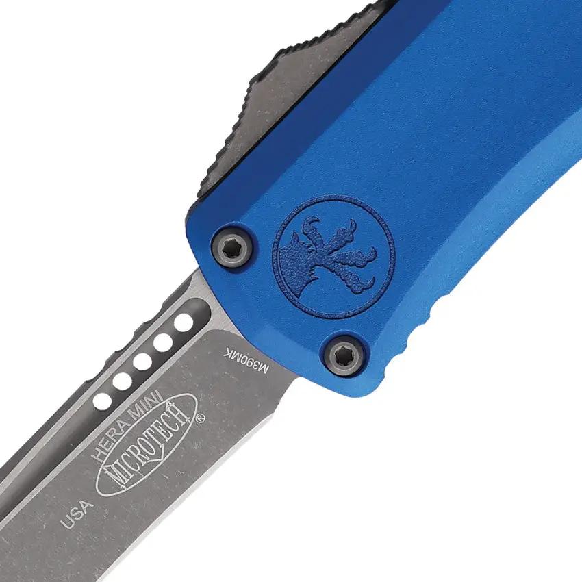Microtech Auto Hera II Mini OTF Knife Recurve M390MK Glass Breaker Blue Aluminum Handle Premium EDC by Microtech