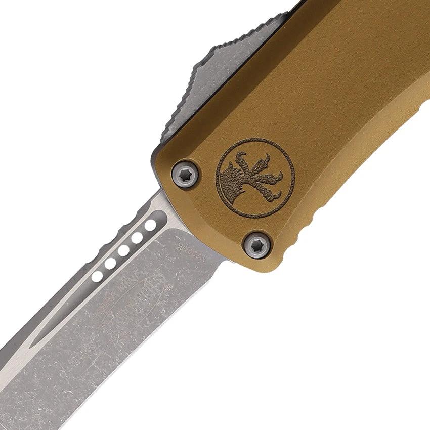 Microtech Hera II Mini Auto OTF Knife with Recurve M390MK Blade Apocalyptic Finish Tan Aluminum Handle Tactical EDC by Microtech