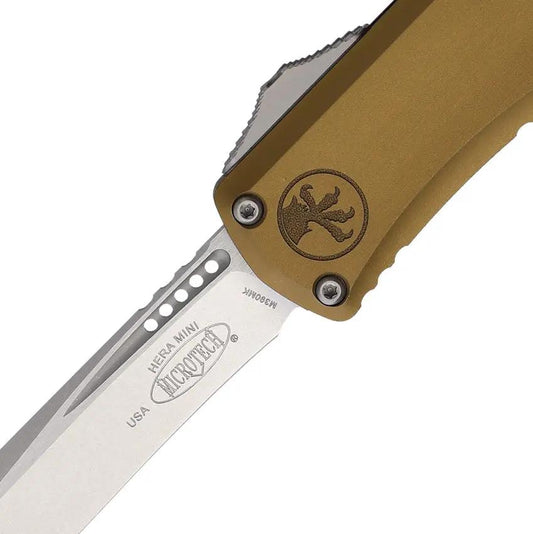 Microtech Hera II Mini OTF Auto Knife With M390 Recurve Blade 3in Tan Aluminum Pocket Clip Glass Breaker For EDC Fans by Microtech