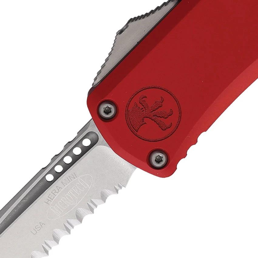 Microtech Hera II Mini OTF Automatic Knife Red Aluminum Handle 3in Recurve Bohler M390MK Blade Glass Breaker EDC by Microtech