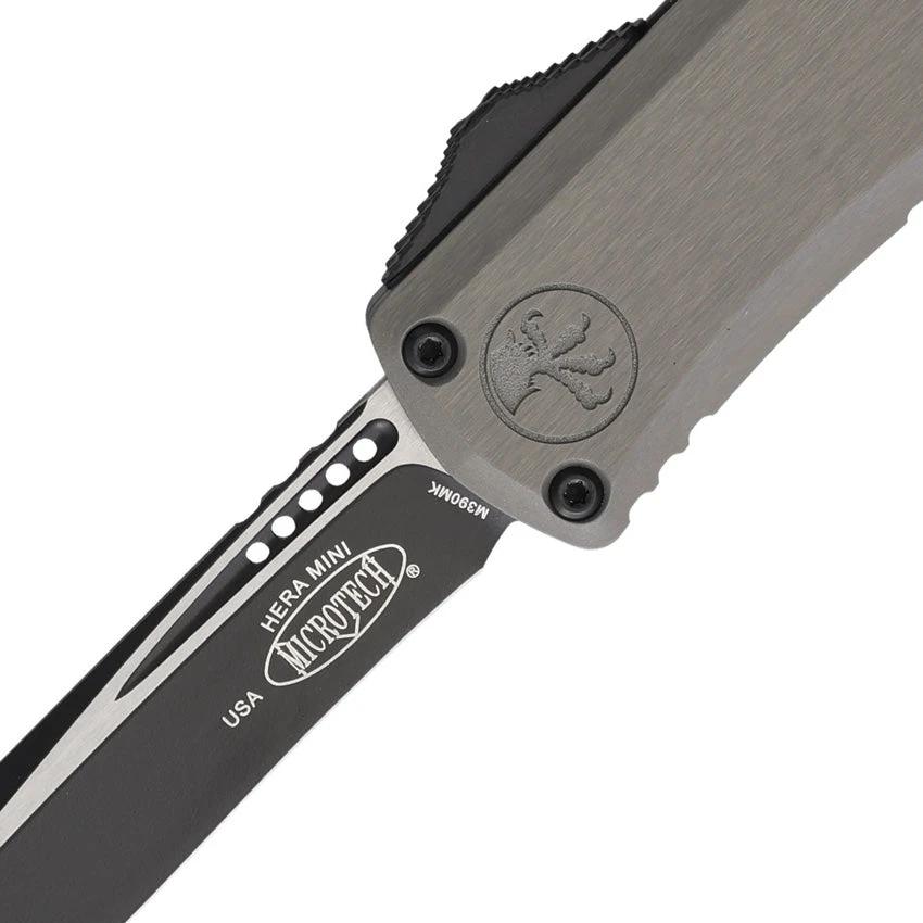 Microtech Auto Hera II Mini OTF Recurve Knife M390 Gray Aluminum Handle For Tactical EDC Enthusiasts by Microtech