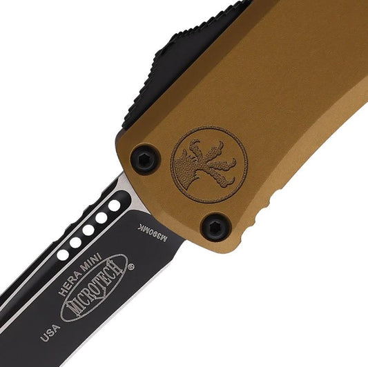 Microtech Hera II Mini OTF Knife Automatic Recurve Blade 3in M390MK Tan Aluminum For EDC Enthusiasts by Microtech