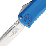 Microtech Auto Hera II Mini OTF Recurve Knife, Automatic Opening EDC, 3in Satin M390 Blade, Blue Aluminum Handle by Microtech