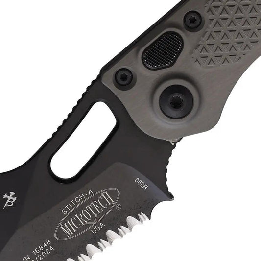 Microtech Auto Stitch S E Button Lock Knife Automatic Opening Wharncliffe Blade Apocalyptic Finish For EDC Enthusiasts by Microtech