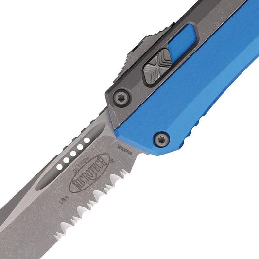 Microtech Auto Glykon TE Auto Opening OTF Knife Premium Apocalyptic Blue Aluminum Handle For Tactical Enthusiasts by Microtech