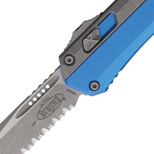 Microtech Auto Glykon OTF Elite Knife With Serrated Tanto Blade Blue Apocalyptic Aluminum Handle For Tactical Pros by Microtech