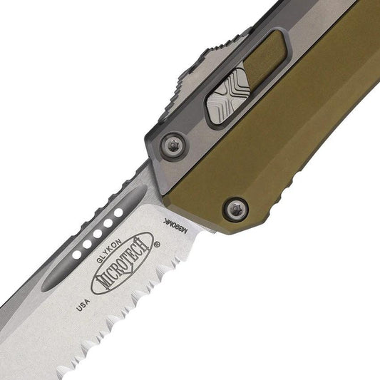 Microtech Auto Glykon OTF Knife For Tactical Enthusiasts 4 Inch Serrated Tanto Blade OD Green Handle by Microtech